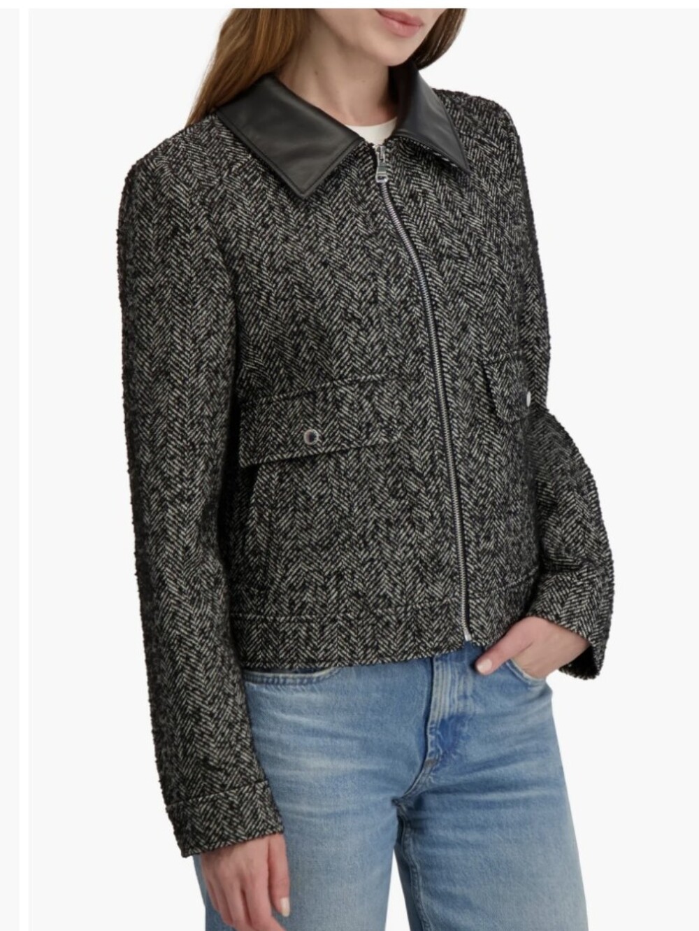 Laundry By Shelli Segal Black & Gray Herringbone Coat Faux Leather Collar Small